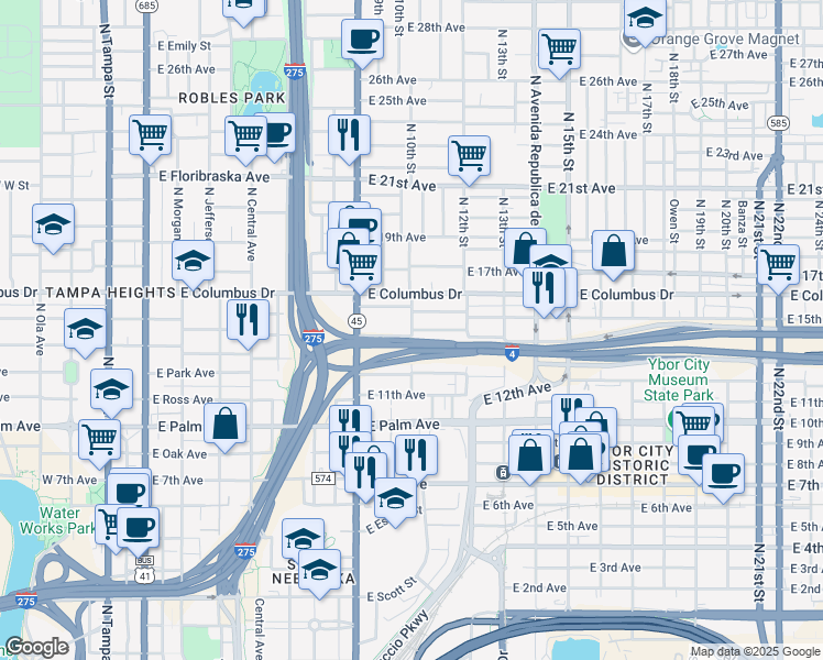 map of restaurants, bars, coffee shops, grocery stores, and more near 1001 East 15th Avenue in Tampa