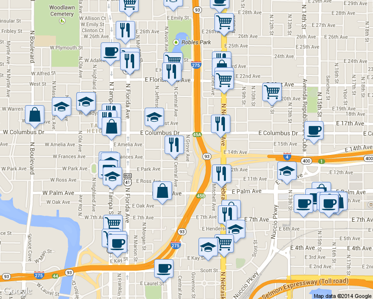 map of restaurants, bars, coffee shops, grocery stores, and more near 503 East Sparkman Avenue in Tampa