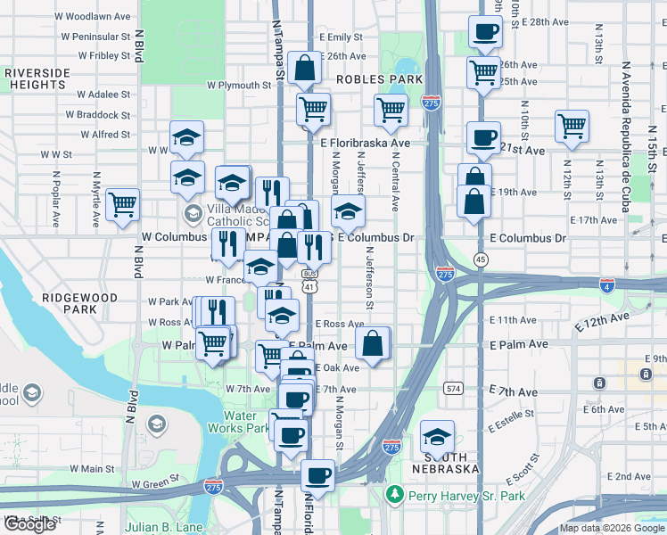 map of restaurants, bars, coffee shops, grocery stores, and more near 2402 North Morgan Street in Tampa