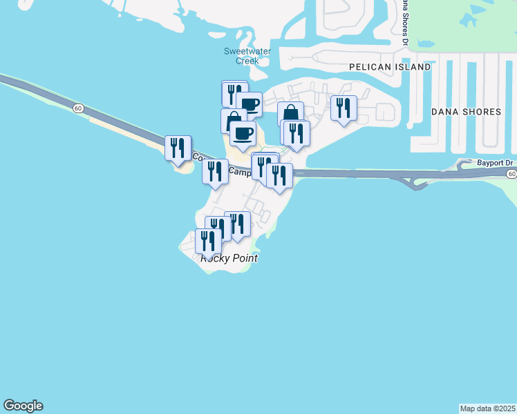 map of restaurants, bars, coffee shops, grocery stores, and more near 5107 Bay Club Circle in Tampa