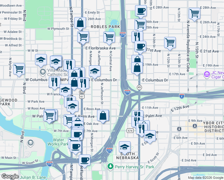 map of restaurants, bars, coffee shops, grocery stores, and more near 502 East Amelia Avenue in Tampa