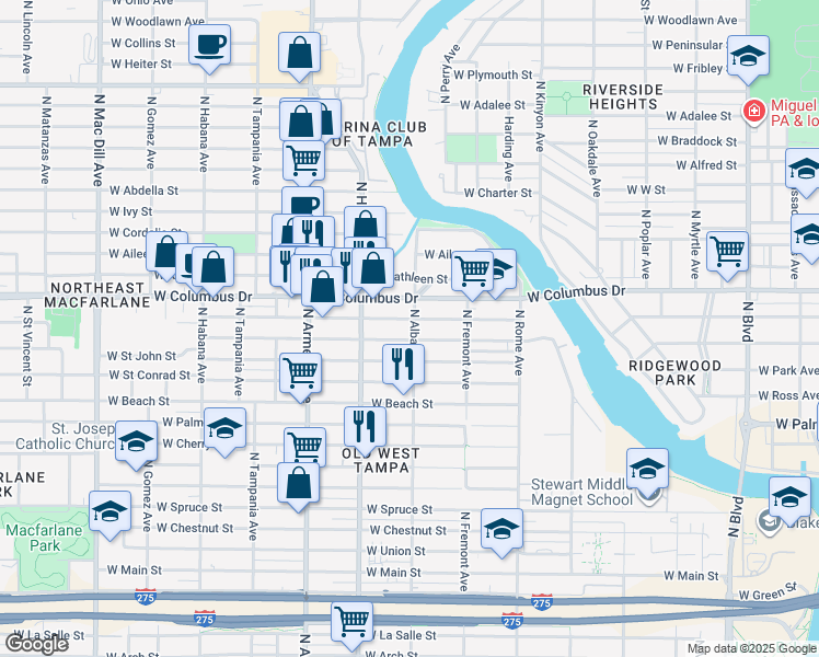 map of restaurants, bars, coffee shops, grocery stores, and more near 2808 North Albany Avenue in Tampa