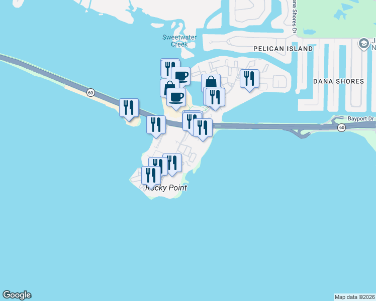 map of restaurants, bars, coffee shops, grocery stores, and more near 3205 Bay Club Circle in Tampa
