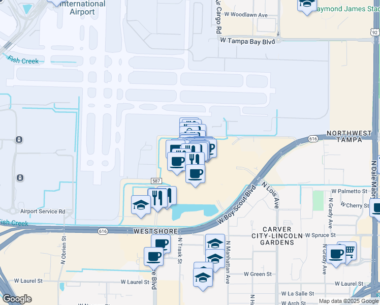 map of restaurants, bars, coffee shops, grocery stores, and more near 2223 North Westshore Boulevard in Tampa