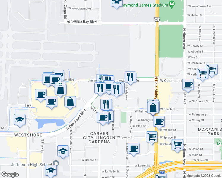 map of restaurants, bars, coffee shops, grocery stores, and more near 4102 West Boy Scout Boulevard in Tampa