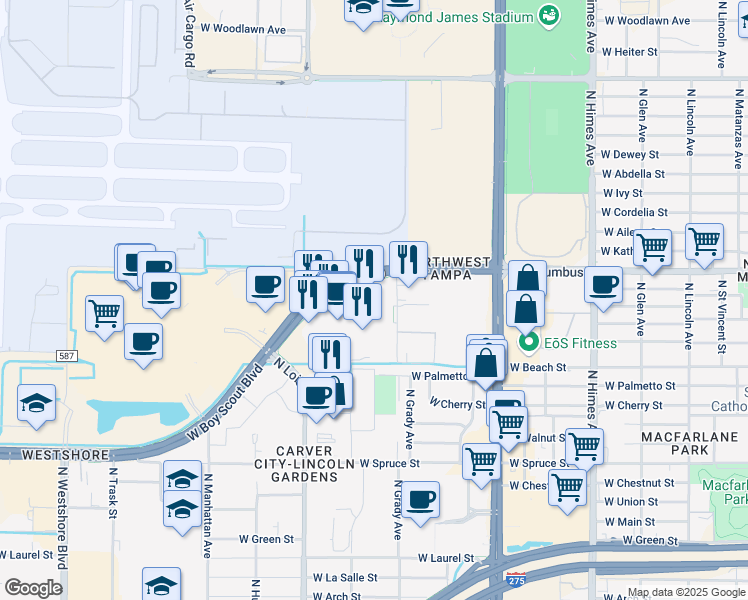 map of restaurants, bars, coffee shops, grocery stores, and more near 4010 West Columbus Drive in Tampa