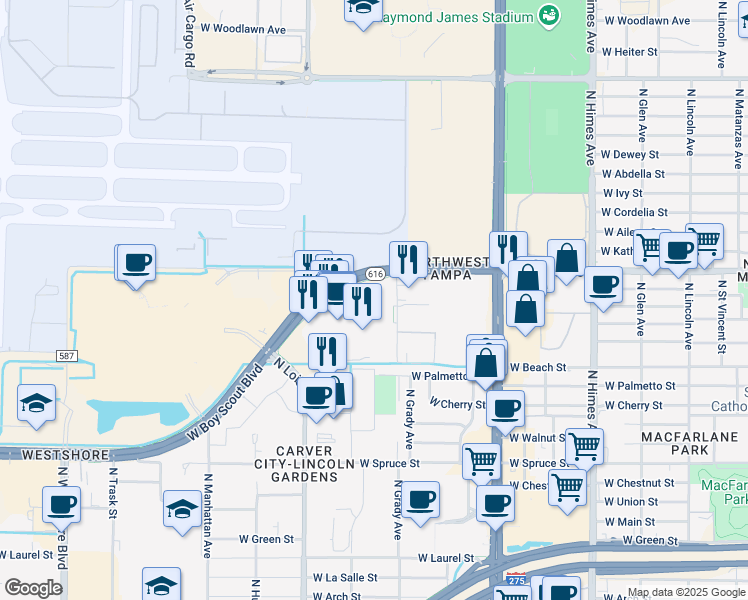 map of restaurants, bars, coffee shops, grocery stores, and more near 4010 West Columbus Drive in Tampa