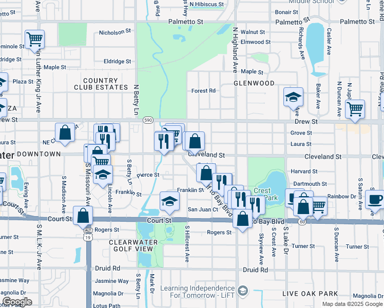map of restaurants, bars, coffee shops, grocery stores, and more near 1406 Cleveland St in Clearwater