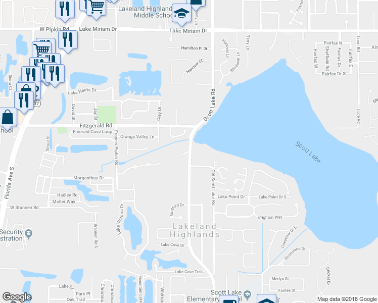map of restaurants, bars, coffee shops, grocery stores, and more near 836 Scott Lake Village Road in Lakeland