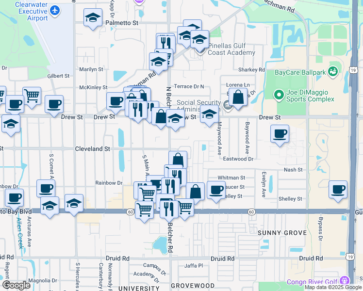 map of restaurants, bars, coffee shops, grocery stores, and more near 25 North Belcher Road in Clearwater