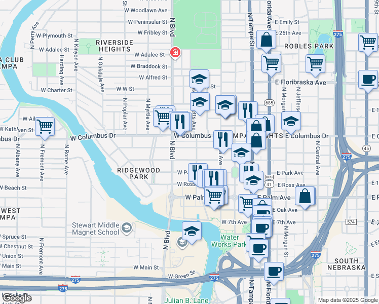 map of restaurants, bars, coffee shops, grocery stores, and more near 406 West Amelia Avenue in Tampa