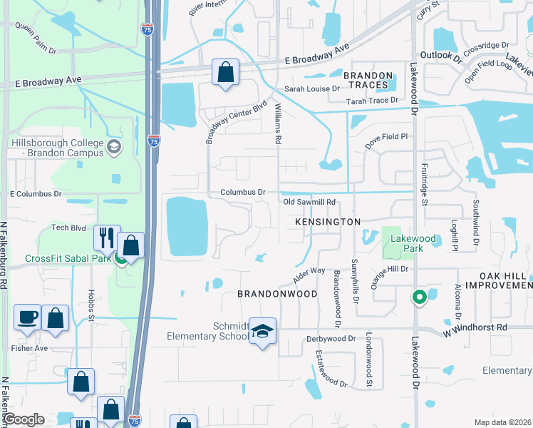 map of restaurants, bars, coffee shops, grocery stores, and more near 2105 Rottwell Court in Brandon