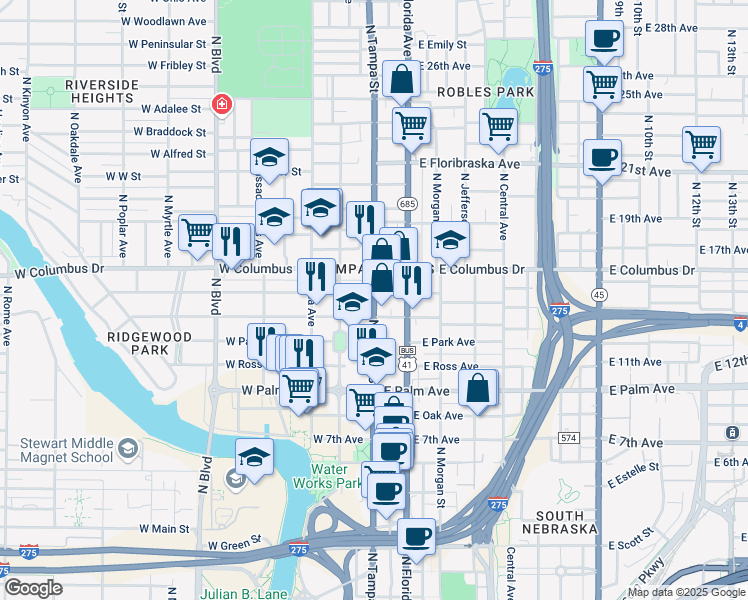 map of restaurants, bars, coffee shops, grocery stores, and more near 2410 North Tampa Street in Tampa