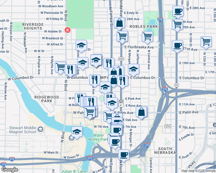map of restaurants, bars, coffee shops, grocery stores, and more near 2410 North Tampa Street in Tampa