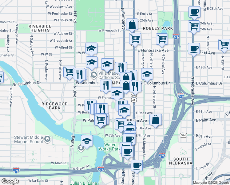 map of restaurants, bars, coffee shops, grocery stores, and more near 2502 North Highland Avenue in Tampa