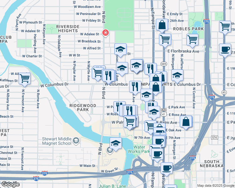 map of restaurants, bars, coffee shops, grocery stores, and more near 321 West Amelia Avenue in Tampa
