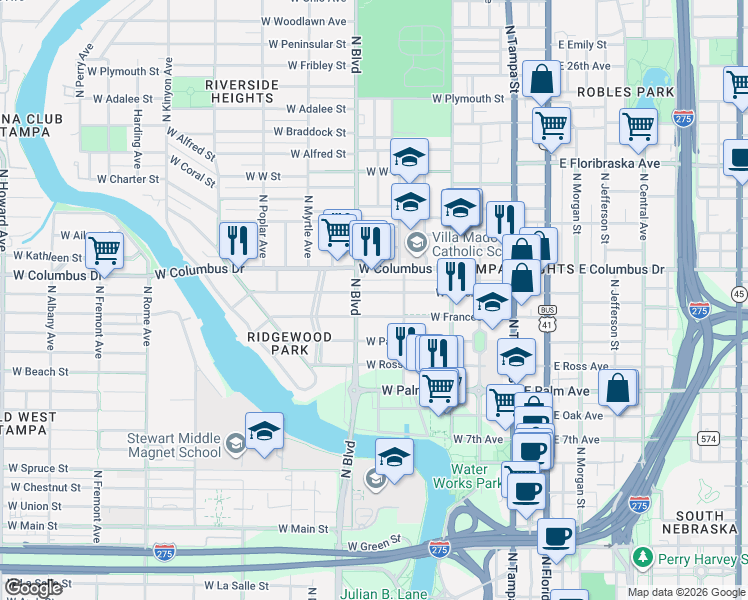 map of restaurants, bars, coffee shops, grocery stores, and more near 415 West Amelia Avenue in Tampa