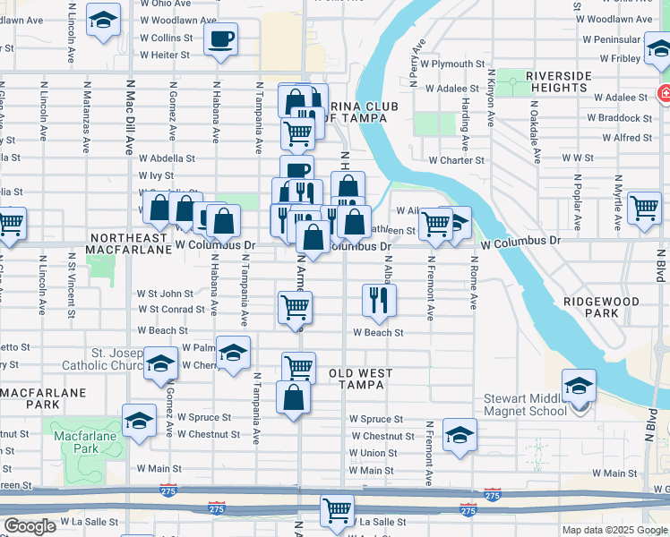 map of restaurants, bars, coffee shops, grocery stores, and more near 2307 West Saint Joseph Street in Tampa