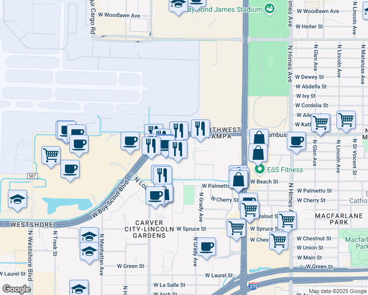 map of restaurants, bars, coffee shops, grocery stores, and more near 4010 West Boy Scout Boulevard in Tampa