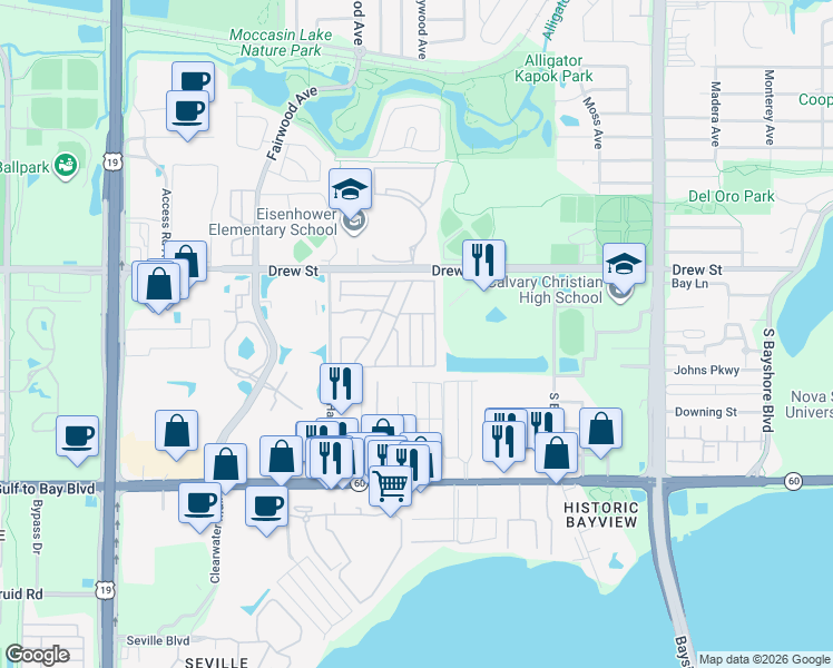 map of restaurants, bars, coffee shops, grocery stores, and more near Saint Martin Lane in Clearwater