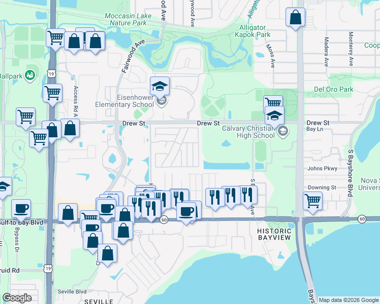 map of restaurants, bars, coffee shops, grocery stores, and more near Saint Martin Lane in Clearwater