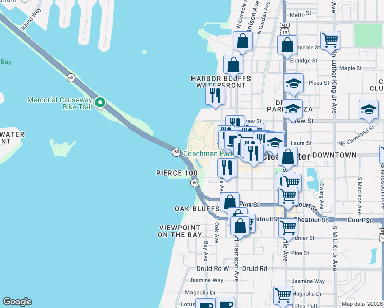 map of restaurants, bars, coffee shops, grocery stores, and more near 321 Cleveland Street in Clearwater