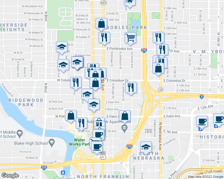 map of restaurants, bars, coffee shops, grocery stores, and more near 2310 North Morgan Street in Tampa