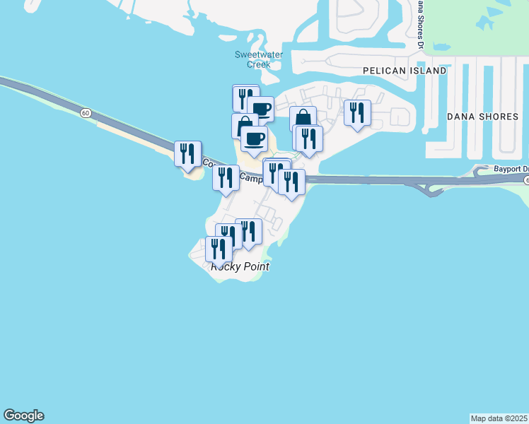 map of restaurants, bars, coffee shops, grocery stores, and more near 2601 North Rocky Point Drive in Tampa