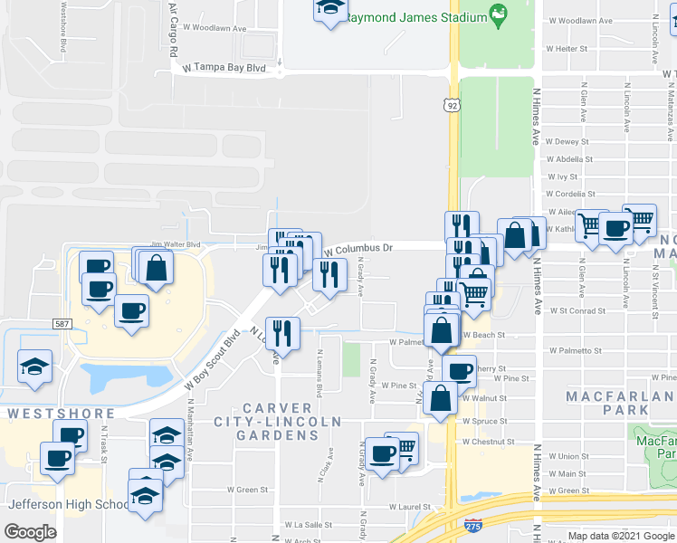 map of restaurants, bars, coffee shops, grocery stores, and more near 4010 West Boy Scout Boulevard in Tampa