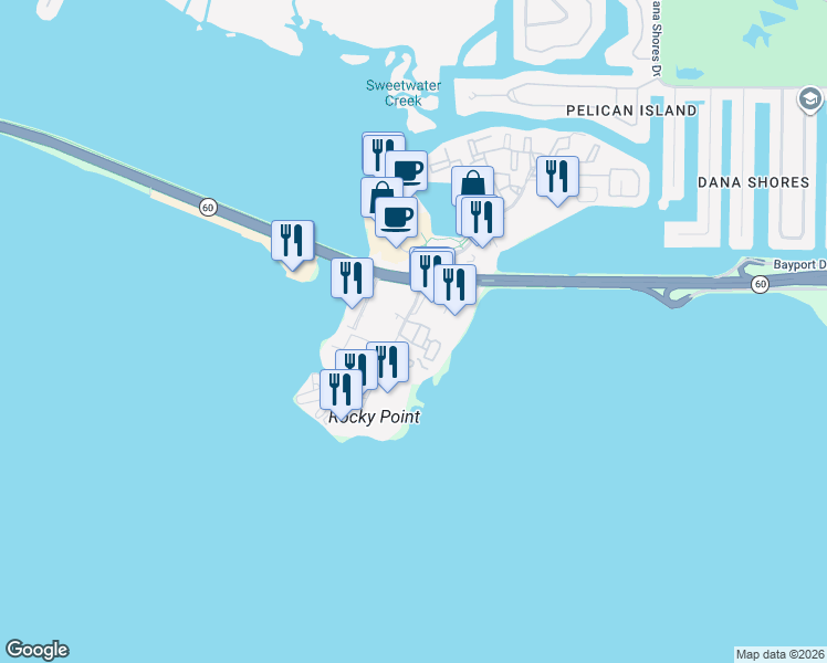 map of restaurants, bars, coffee shops, grocery stores, and more near 2601 North Rocky Point Drive in Tampa