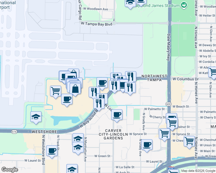map of restaurants, bars, coffee shops, grocery stores, and more near 4221 West Boy Scout Boulevard in Tampa