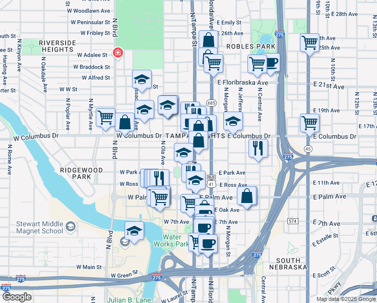 map of restaurants, bars, coffee shops, grocery stores, and more near 2410 North Tampa Street in Tampa