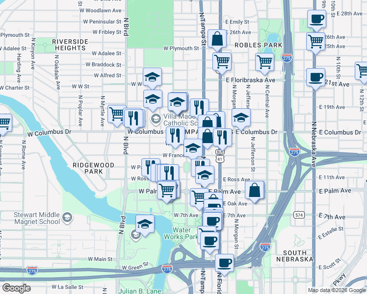 map of restaurants, bars, coffee shops, grocery stores, and more near 2502 North Highland Avenue in Tampa