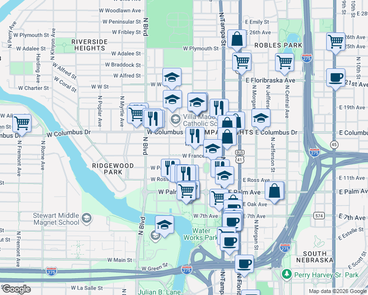 map of restaurants, bars, coffee shops, grocery stores, and more near 303 West Amelia Avenue in Tampa