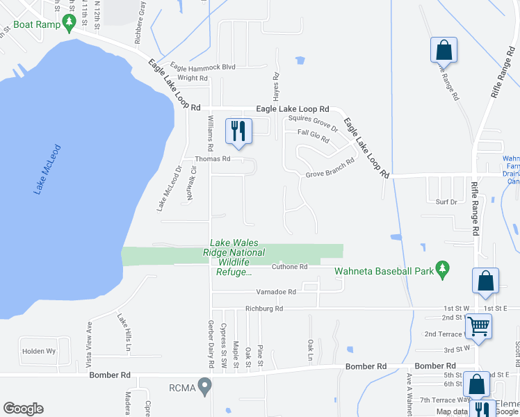 map of restaurants, bars, coffee shops, grocery stores, and more near 201 Galloway Road in Winter Haven