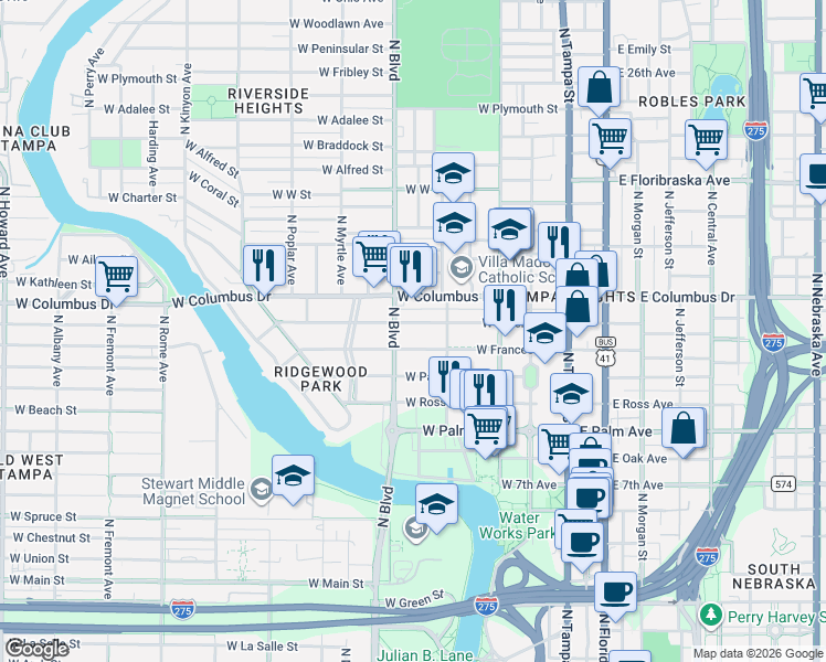 map of restaurants, bars, coffee shops, grocery stores, and more near 415 West Amelia Avenue in Tampa
