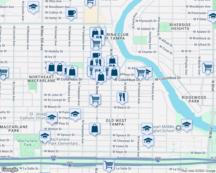 map of restaurants, bars, coffee shops, grocery stores, and more near 2307 West Saint Joseph Street in Tampa