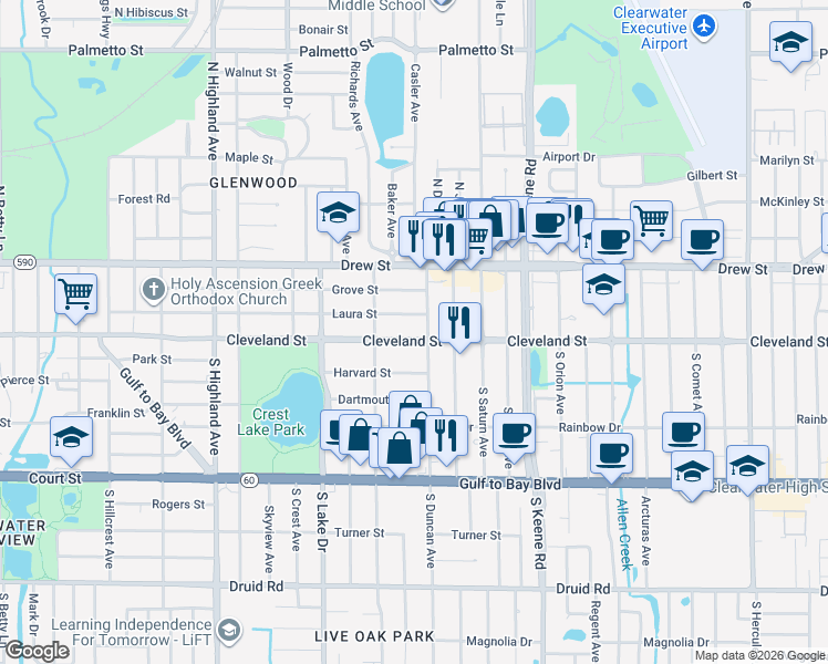 map of restaurants, bars, coffee shops, grocery stores, and more near 10 North Duncan Avenue in Clearwater