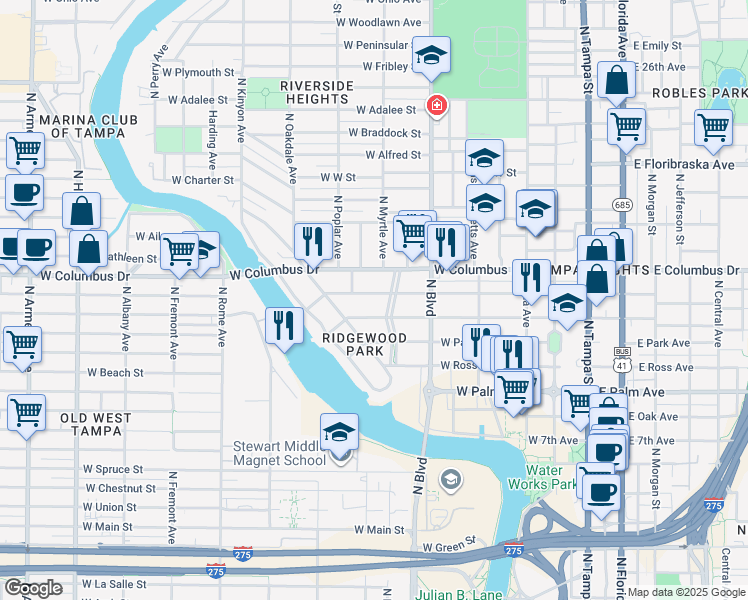 map of restaurants, bars, coffee shops, grocery stores, and more near 808 West Amelia Avenue in Tampa