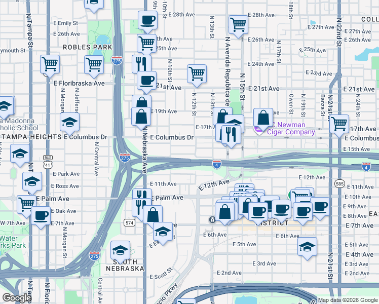 map of restaurants, bars, coffee shops, grocery stores, and more near 1019 East 15th Avenue in Tampa