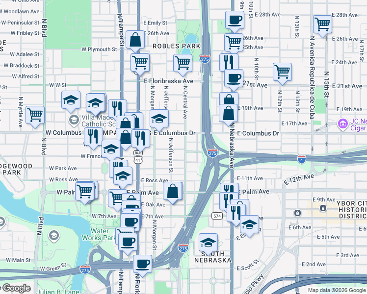 map of restaurants, bars, coffee shops, grocery stores, and more near 503 East Sparkman Avenue in Tampa