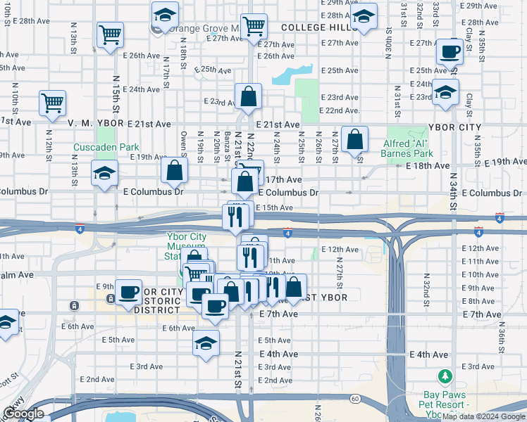 map of restaurants, bars, coffee shops, grocery stores, and more near 2215 East 15th Avenue in Tampa