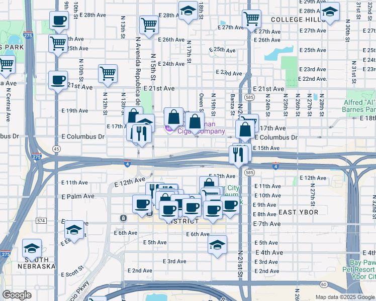 map of restaurants, bars, coffee shops, grocery stores, and more near 1707 East 15th Avenue in Tampa