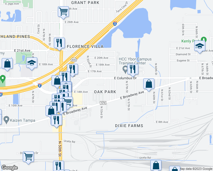 map of restaurants, bars, coffee shops, grocery stores, and more near 2511 North 54th Street in Tampa