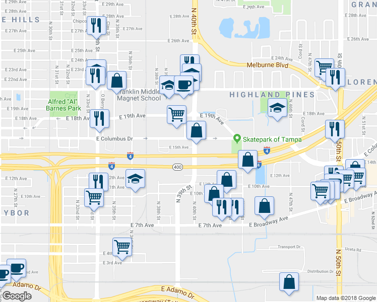 map of restaurants, bars, coffee shops, grocery stores, and more near 3919 East 15th Avenue in Tampa