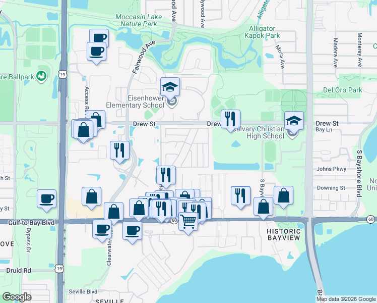 map of restaurants, bars, coffee shops, grocery stores, and more near 103 Bahama Lane in Clearwater