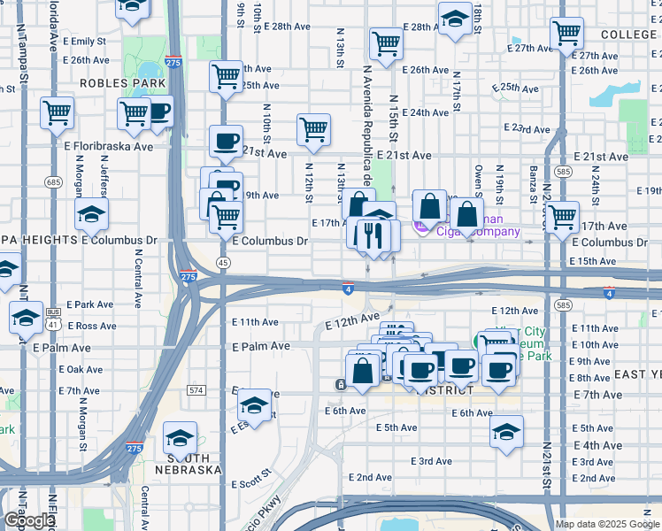map of restaurants, bars, coffee shops, grocery stores, and more near 1209 East 15th Avenue in Tampa