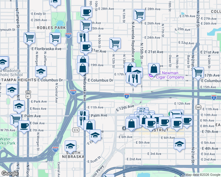 map of restaurants, bars, coffee shops, grocery stores, and more near 1019 East 15th Avenue in Tampa