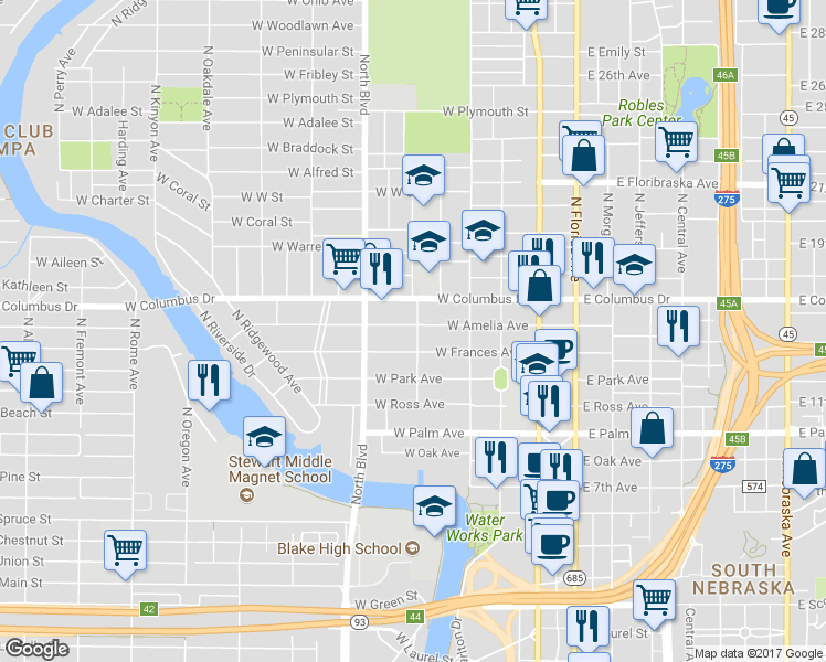 map of restaurants, bars, coffee shops, grocery stores, and more near 321 West Amelia Avenue in Tampa