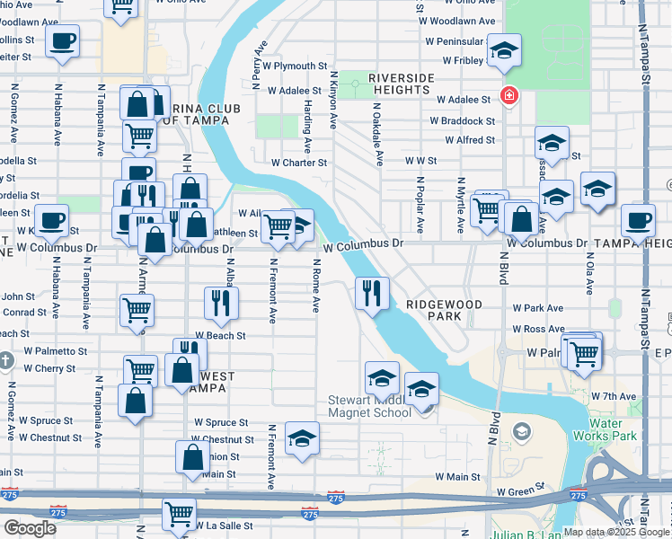 map of restaurants, bars, coffee shops, grocery stores, and more near 2903 Floradora Court in Tampa